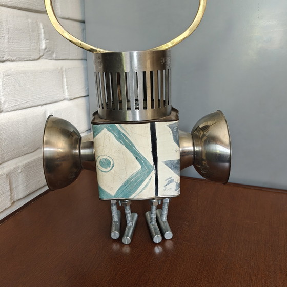 Handmade Steampunk Robot Knight Sculpture, Found Object Assemblage Art, Vintage Mixed Metal (photo 2 of 7)