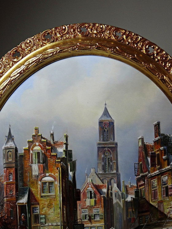 Image 1 of Grande dipinto a olio su legno con cornice raffigurante una scena urbana, di John Haanstra, vintage