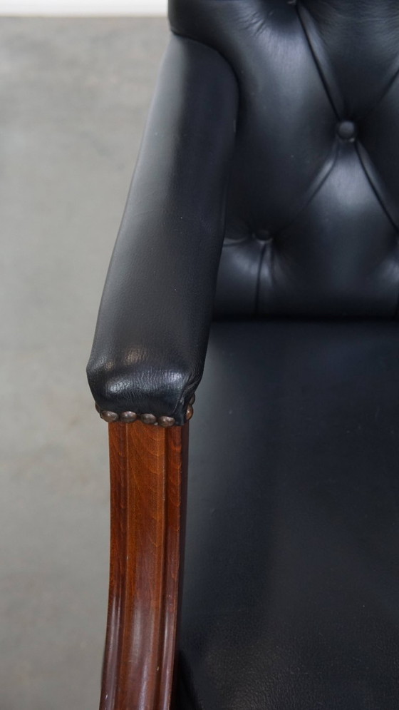 Image 1 of Dark blue/ black cowhide leather chesterfield office chair on wheels