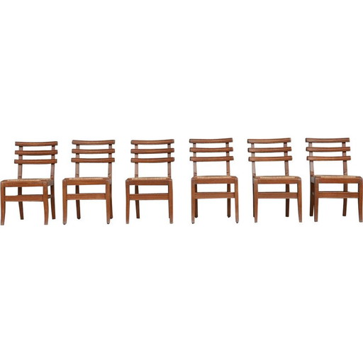 Set of 6 mid-century French oakwood dining chairs, 1950s