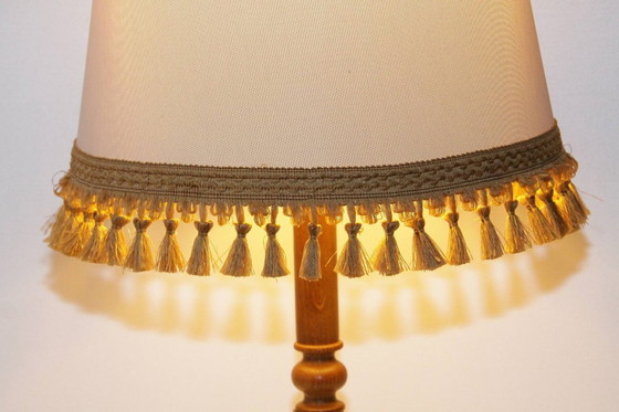 Image 1 of Table lamp wood textile light beige brown fringes 63cm 80s J Vintage