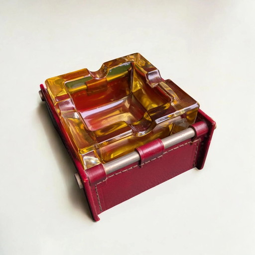 Cendrier Rare Mid-Century en Verre Jaune avec Étui en Cuir Rouge | Vintage Années 60