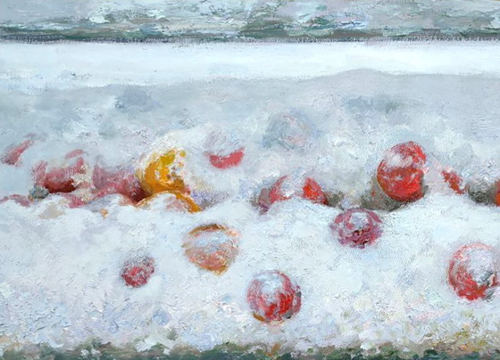 Origineel olieverfschilderij met wintermotief: appels als symboliek in de tuin van de ouders. (photo 2 of 5)