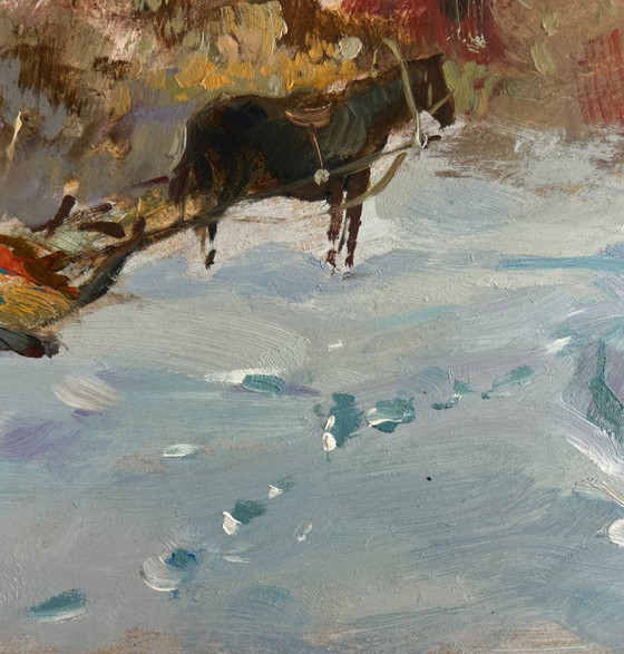 Image 1 of Original Oil Painting Winter Village Landscape Country winter evening