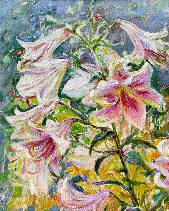 Original Oil Painting Nature Flowers Lilies Are Blooming – Paintings & Drawings, Canvas (photo 2 of 5)