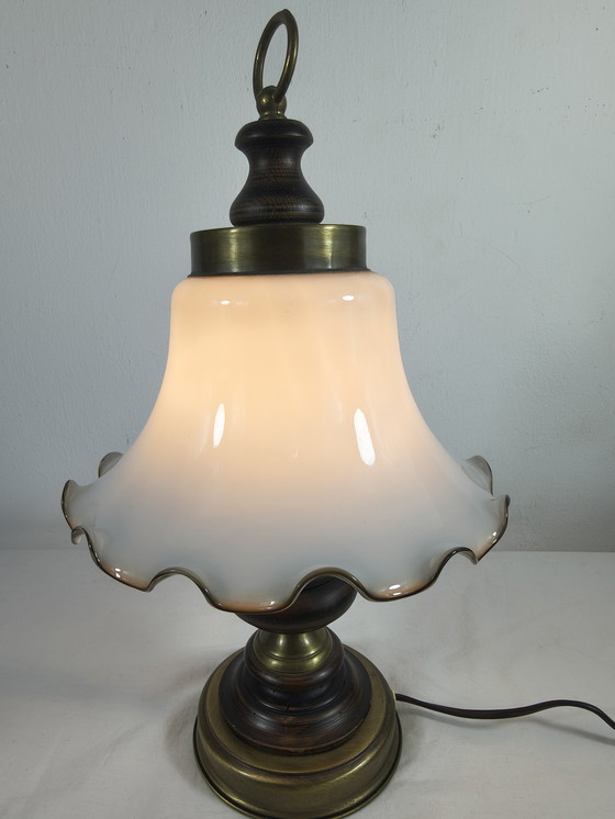 Image 1 of Vintage brass wood table lamp with opaline glass shade – classic / country style
