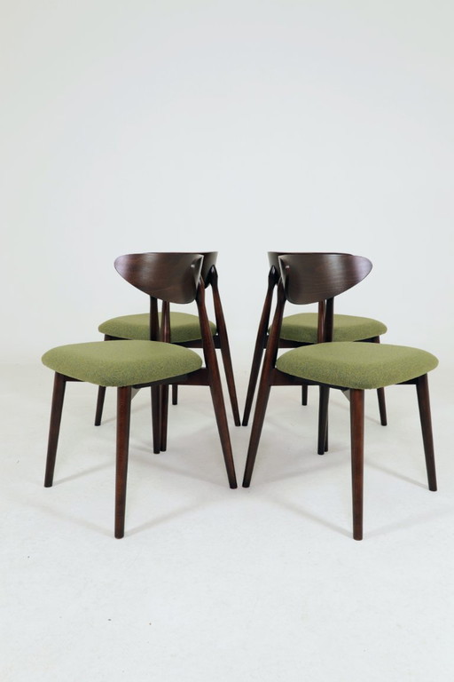 Moderne set van 4 eetkamerstoelen, avocadogroene stof en donker walnootkleurig beukenhout