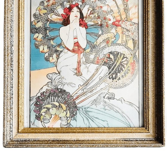 Image 1 of Dipinto vintage Art Nouveau di Alphonse Mucha, cornice in legno dorata Monte Carlo, anni '40