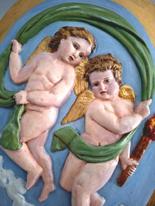 Cuadro Relieve Oval Querubines Ángeles Policromados a Mano sobre Madera |Firmado|Decoración Vintage