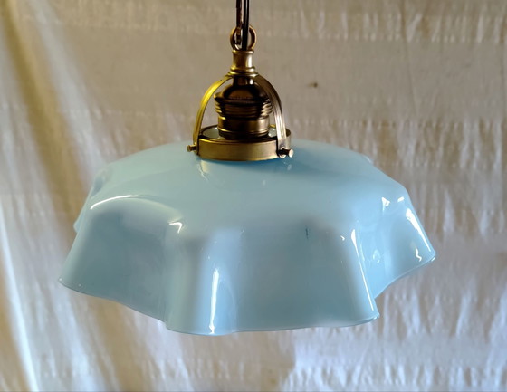 Vintage blue opaline and gilded brass Pendant lamp - mid-20th century, Glass (photo 5 of 8)