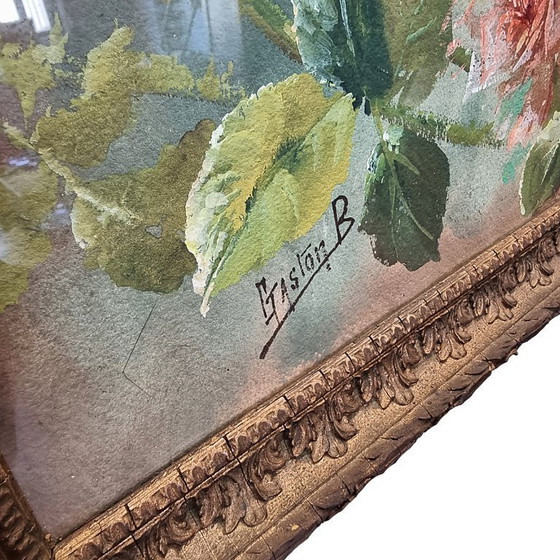 Image 1 of French watercolor with flowers and birds, Gaston B, first half of the 1900s