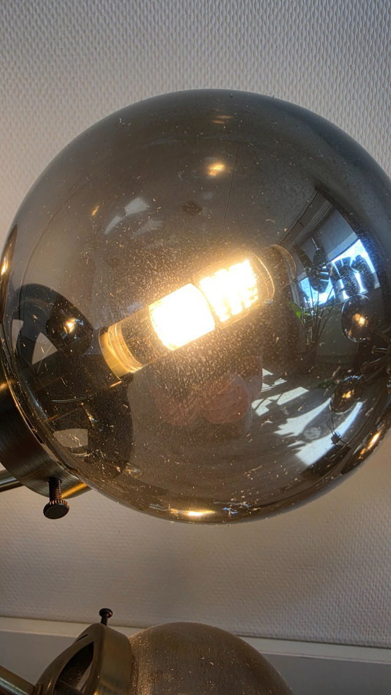 Image 1 of 2 x Amo Table Lamp 6 x LED each, dimmable. Smoked glass globes
