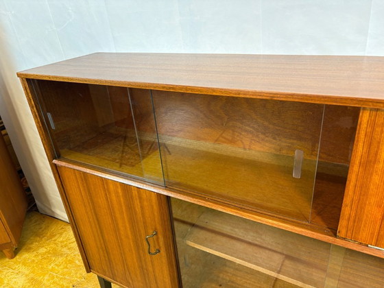 Image 1 of Mid-Century Retro Vintage Teak Sideboard / Bookcase / Display Cabinet by Nathan Furniture 1960s  Sliding Glass Doors • Bureau Fl