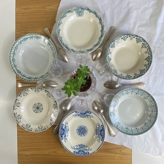 Image 1 of Set of 6 mismatched earthenware soup plates, antique Sarreguemines faience, Choisy le Roi, Longwy, Moulin des Loups