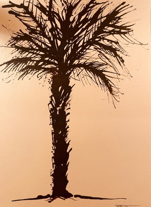 Tableau signé aquarelle monochrome « palmier au crépuscule »