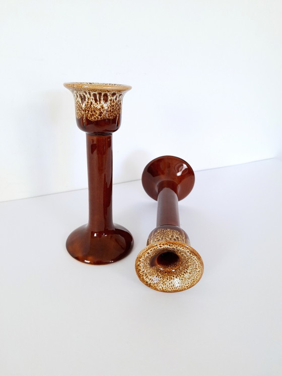 Image 1 of Set van Twee Vintage Keramische Kaarshouders, Vette Lava Kandelaar Houder, Bruine Decoratieve Verzamel Kandelaar