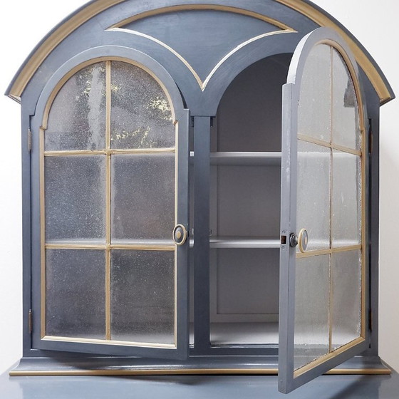 Image 1 of Vintage tweedelige kast van grijs gelakt hout - verkrijgbaar als set van twee (A)