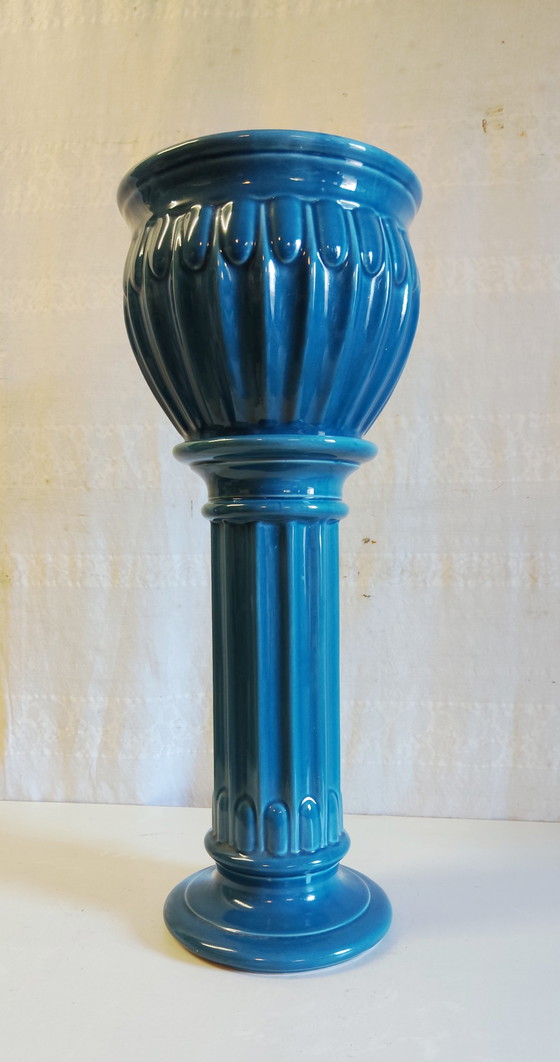 Kolom en wasbak in art-decostijl van blauw geglazuurd keramiek - midden 20e eeuw – Plantenbak, Ceramic (photo 3 of 10)