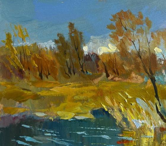 Image 1 of Original Oil Painting Autumn River Landscape River in golden foliage