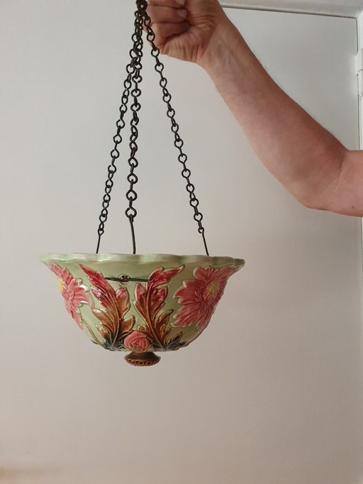 Ancien pot de fleurs suspendu Art Nouveau en majolique -ca1900- Très bon état