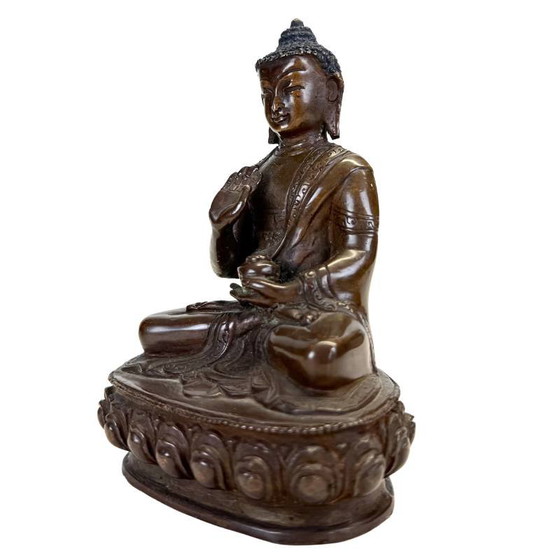 Antieke Nepalese Bronzen Medicijn Boeddha (Bhaisajyaguru) - 13cm - 800g – Beeldhouwkunst (photo 8 of 9)