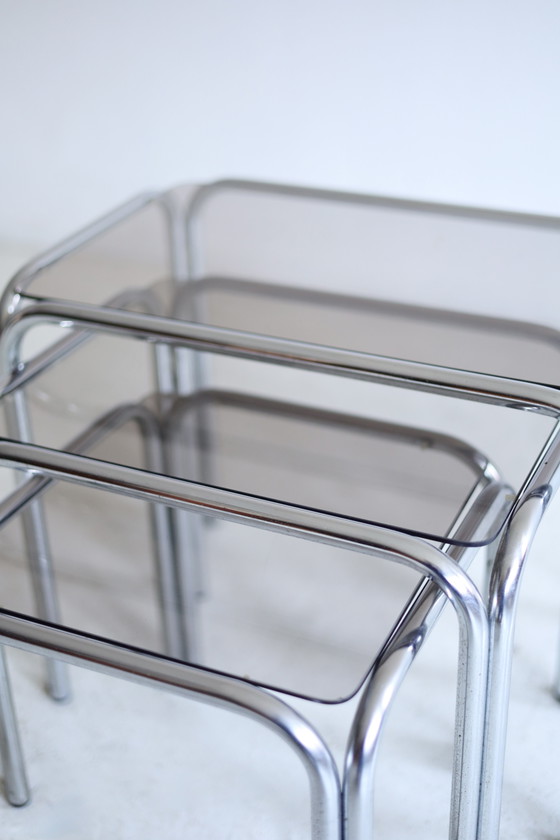 Set of Three Vintage Nesting Side tables Chrome/Smoked Glass (photo 3 of 6)