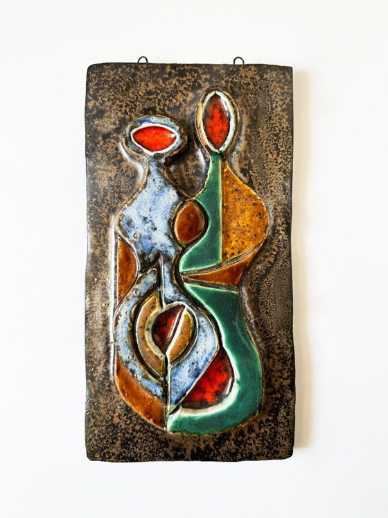 Image 1 of Sculpture murale cubiste en terre cuite émaillée polychrome. Helmut Schäffenacker – Allemagne, années 50