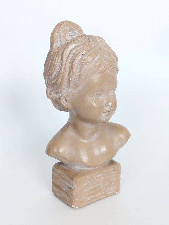 Image 1 of Vintage Young Girl Bust on Pedestal, After Salvatore Melani, Glazed Plaster Terracotta Patina, Signed