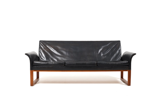 Canapé danois en cuir noir, teck et cuir, années 1960