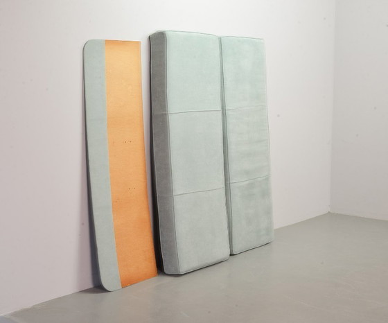 Image 1 of Fabulous Mid-Century Design Six Strand Rectangular Rattan 3-Seat Sofa with Frost Blue Fabric Cushions Attributed to Paul Frankl