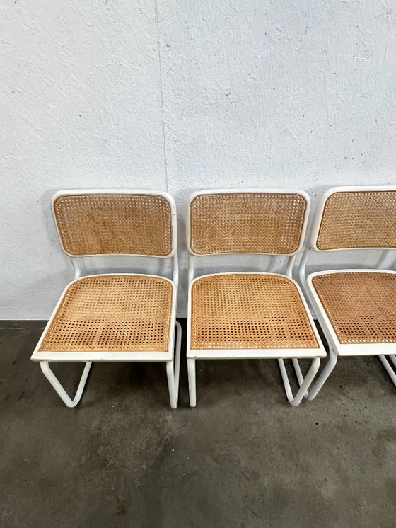 Image 1 of Set Van Vier Vintage Cesca Stijl Stoelen / Eetkamerstoelen, Wit Metalen Frame, Italië