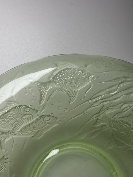 Image 1 of August Walther & Söhne “Arabella” Uranium Glass Centerpiece Bowl – Art Deco Fish Decor – 1930s Germany