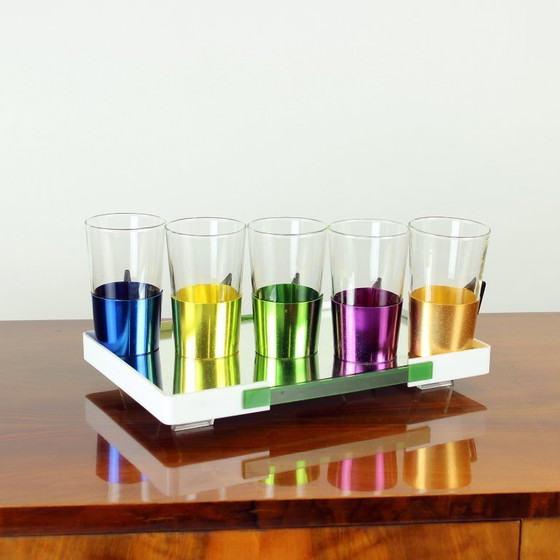 Image 1 of Set Of Colorful Drinking Glasses With A Tray, Czechoslovakia 1960s
