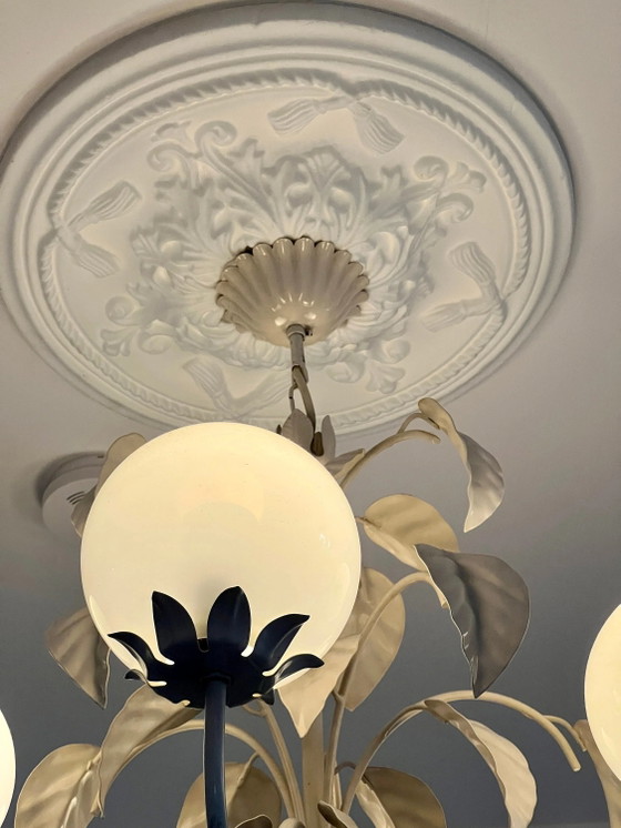 Rarity! Original Art Nouveau Pendant Lamp, Opal Glass with Leaf Motif, 1920 – Brass (photo 4 of 7)