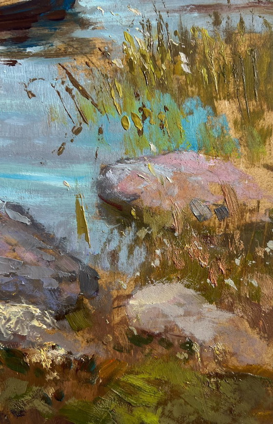 Image 1 of Origineel olieverfschilderij: Herfstlandschap van een dorp. Er is een jachthaven in het dorp.