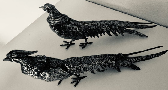 Image 1 of Magnifique paire de faisans en bronze argenté. Vintage - années 1950.