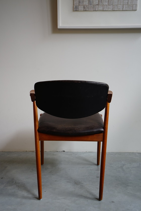 Image 1 of 6 Kai Kristiansen stoelen | Model 42 | Teak Leder patina