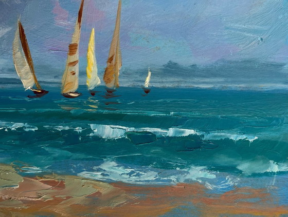 Image 1 of Original Oil Painting: Boat on Sea - Sailboats at Sea