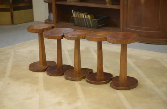 Set of 5 brutalist side tables in rosewood from the 1960s., Brown (photo 3 of 7)