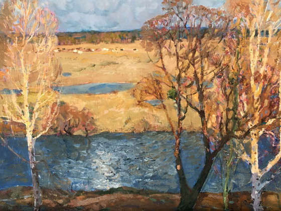 Image 1 of Originales Vintage-Ölgemälde Naturlandschaft Fluss am Abend