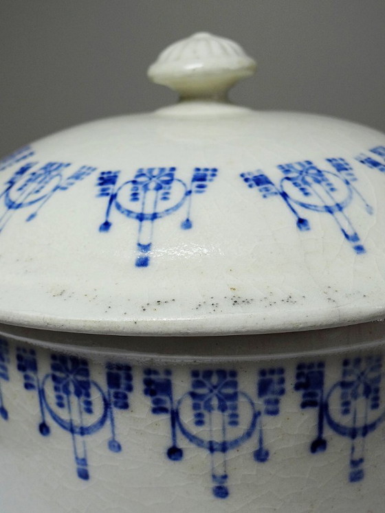 Image 1 of Antique glazed ironstone bouillon/casserole dish with blue St Uze decoration