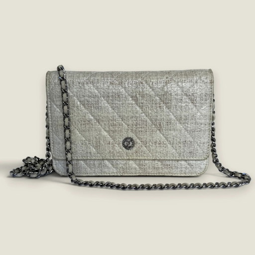 Chanel coated tweed wallet on chain white