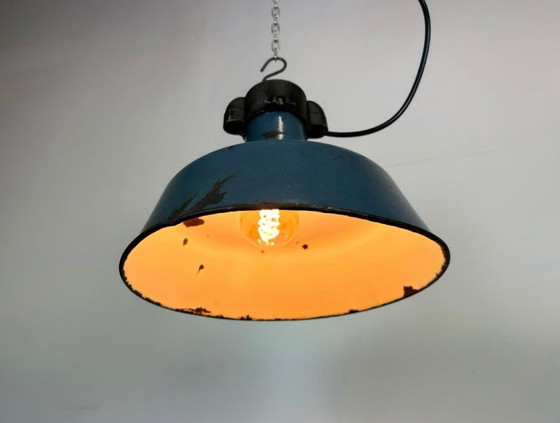 Image 1 of Industrial Blue Enamel Factory Lamp with Cast Iron Top, 1960s