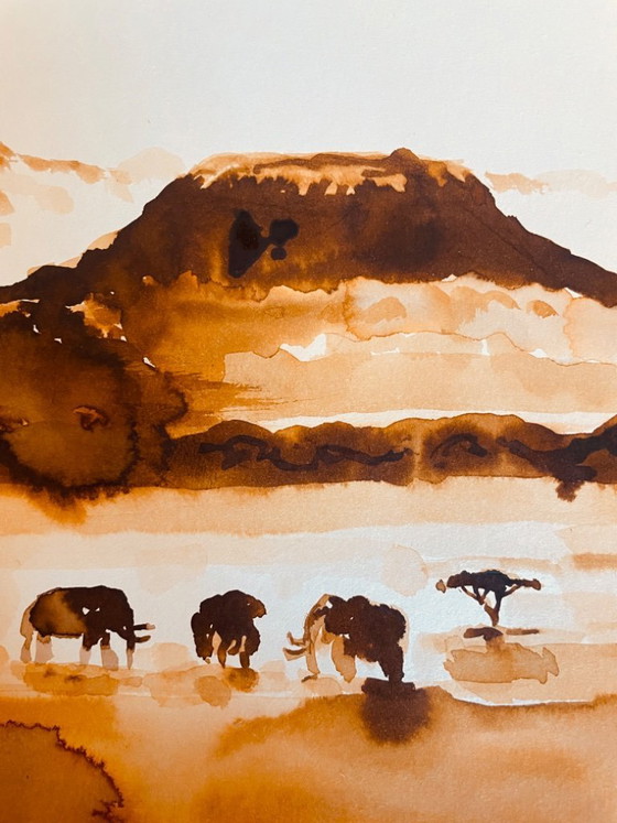Image 1 of Signed painting of an African landscape and animals, "Kilimanjaro".