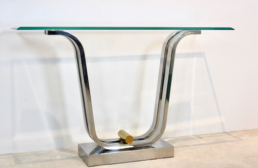 Minimalistischer, geschwungener Konsolentisch aus Edelstahl, Messing und Glas