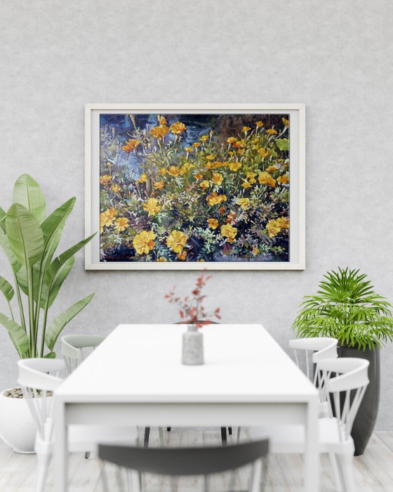 Peinture à l'Huile Originale Art Moderne Fleurs Souci – Peintures et dessins, Canvas, Figuratief (photo 3 of 7)