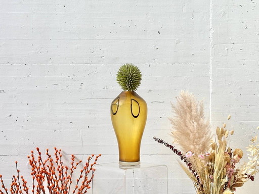 Vintage glass vase in honey yellow with applied decorative elements, 1990s