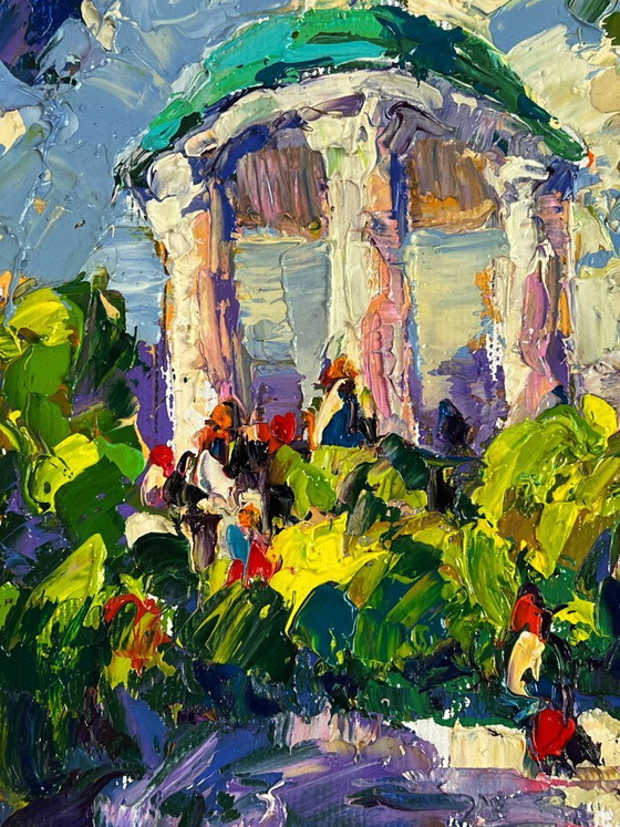 Image 1 of Peinture à l'huile originale représentant un paysage urbain estival dans un parc municipal