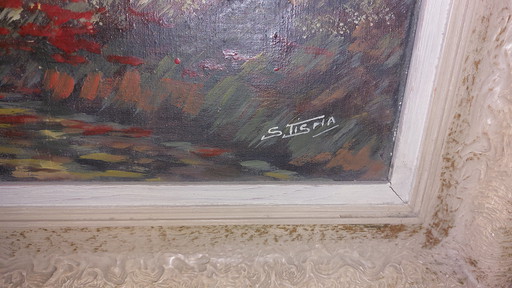 Painting of a landscape in Indonesia with a hut and a man