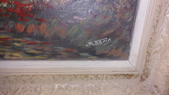 Image 1 of Painting of a landscape in Indonesia with a hut and a man